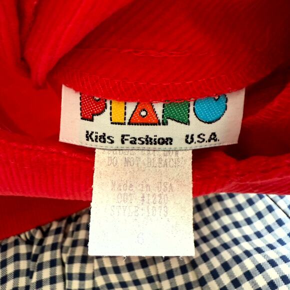 Vintage 90s Piano Kids Fashion Dress Girls 6 Gingham Check Corduroy Embroidered - Picture 4 of 4